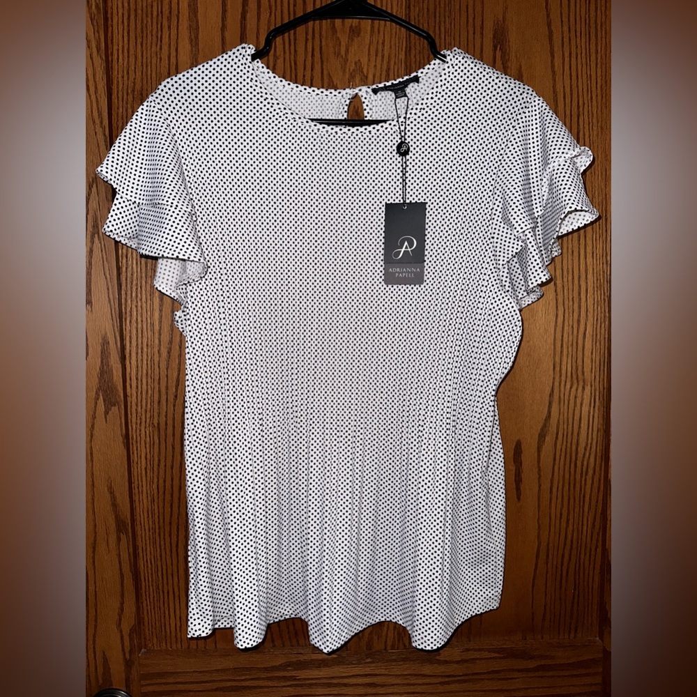 ADRIANNA PAPELL Dot Print Pleated Knit Top, size M